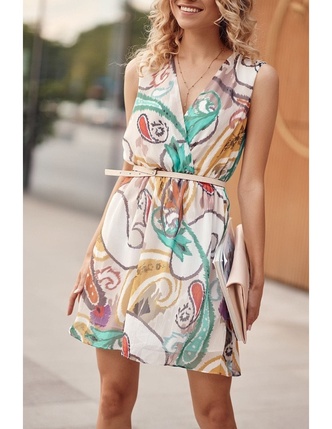 Elegant summer dress with a belt, cream and yellow PR3199 - Online store - Boutique